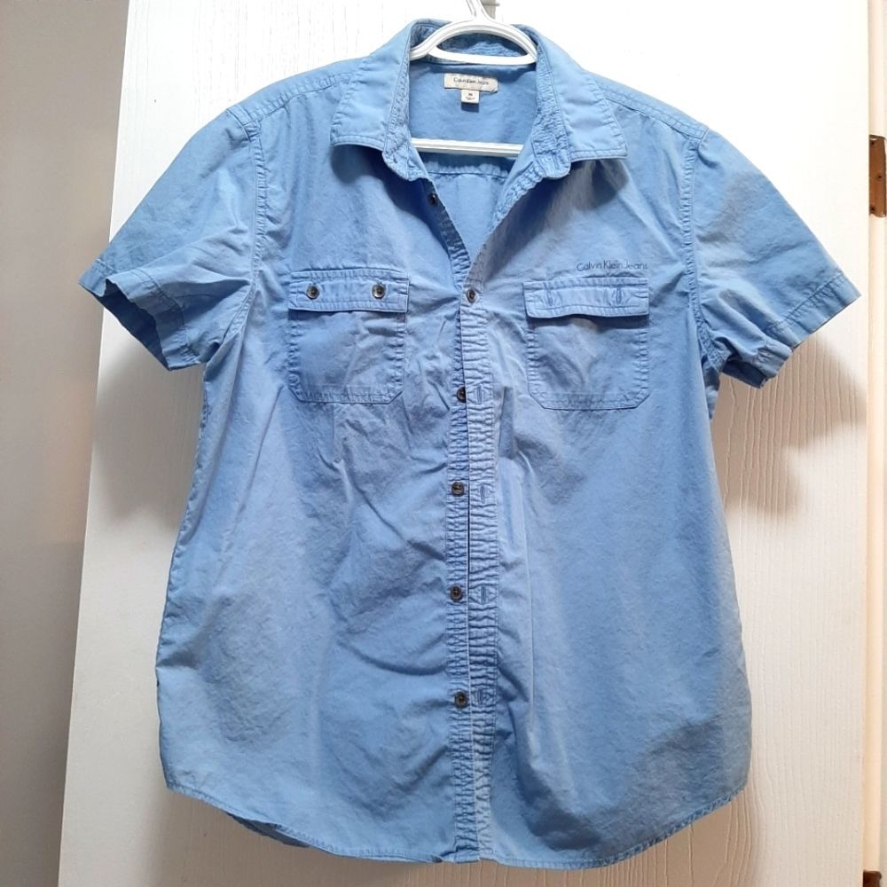 CALVIN KLEIN Blue Button Down Shirt Short Sleeve Casual Medium 100% Cotton